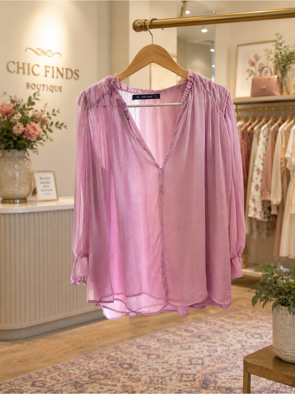 Zara Sheer Light Pink V-Neck Blouse with Balloon Sleeves